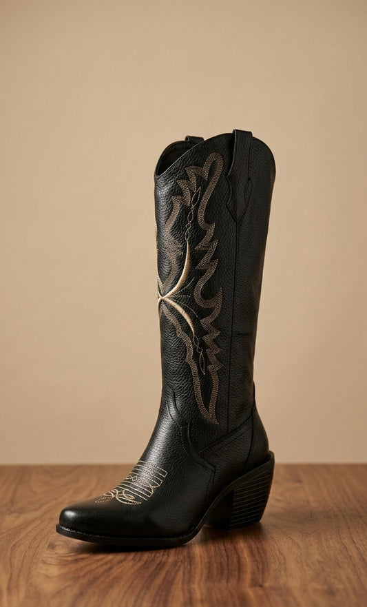 Bota Vaquera Negra de Piel para Mujer | Moda para Salir de Noche