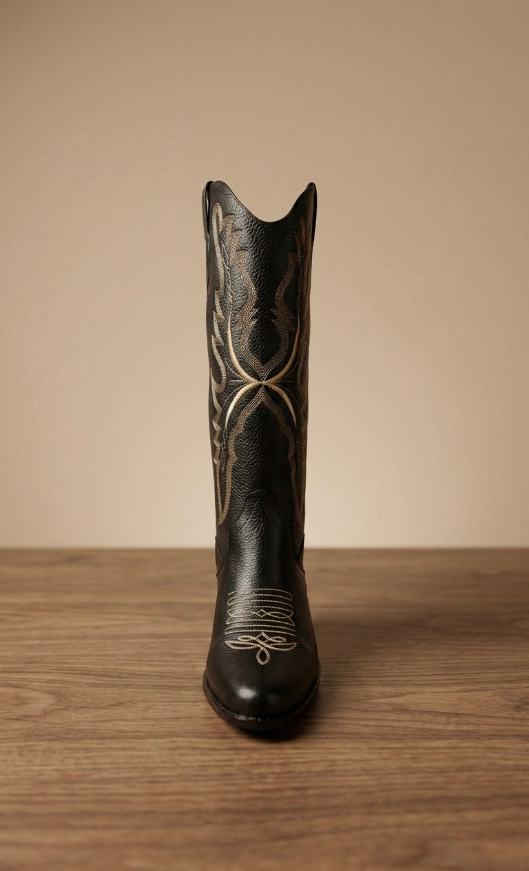 Bota Vaquera Negra de Piel para Mujer | Moda para Salir de Noche