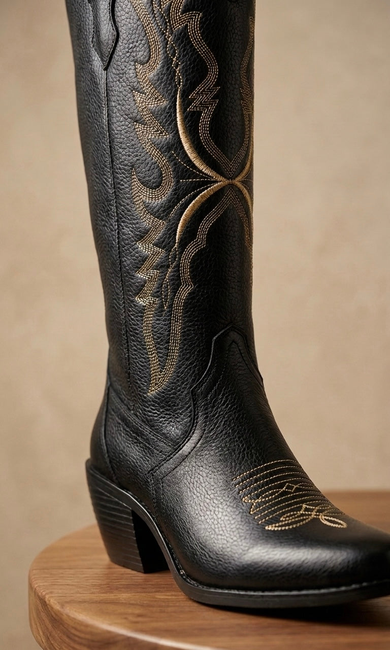 Bota Vaquera Negra de Piel para Mujer | Moda para Salir de Noche